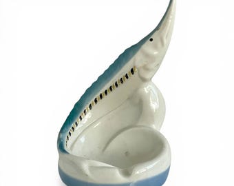VTG Soviet Russian Ashtray White/ blue Glazed Porcelain Sturgeon Figure Collectible Polonne Big Fish Retro Decor USSR 1960’s