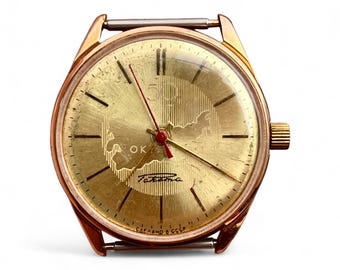 Raro reloj soviético VTG para hombre RAKETA, reloj de pulsera mecánico con esfera dorada bañada en oro, URSS, década de 1960.