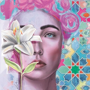 May include: A digital painting of a woman's face with a white lily flower covering part of her eye. The background is a colourful geometric pattern.