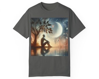 Step into tranquility with this exclusive T-shirt! A serene silhouette meditates under mystical moonlight, surrounded by nature.