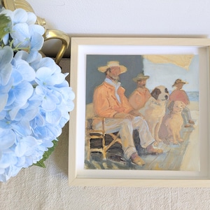 Hombres con perros en un porche en verano, pintura al óleo impresionista