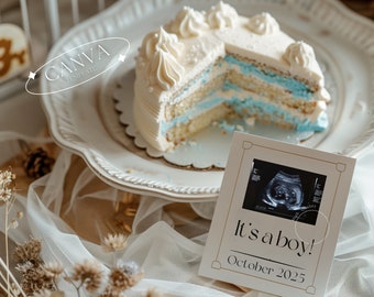 Baby Boy Pregnancy Announcement Digital, Minimalist Blue Tone Baby Announcement, Social Media Reveal Canva Editable Template, It&#39;s a boy