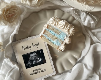 Boy Pregnancy Announcement Digital, Simple Spring Baby Announcement With Blue Cake, Social Media Reveal, Aesthetic Canva Editable Template