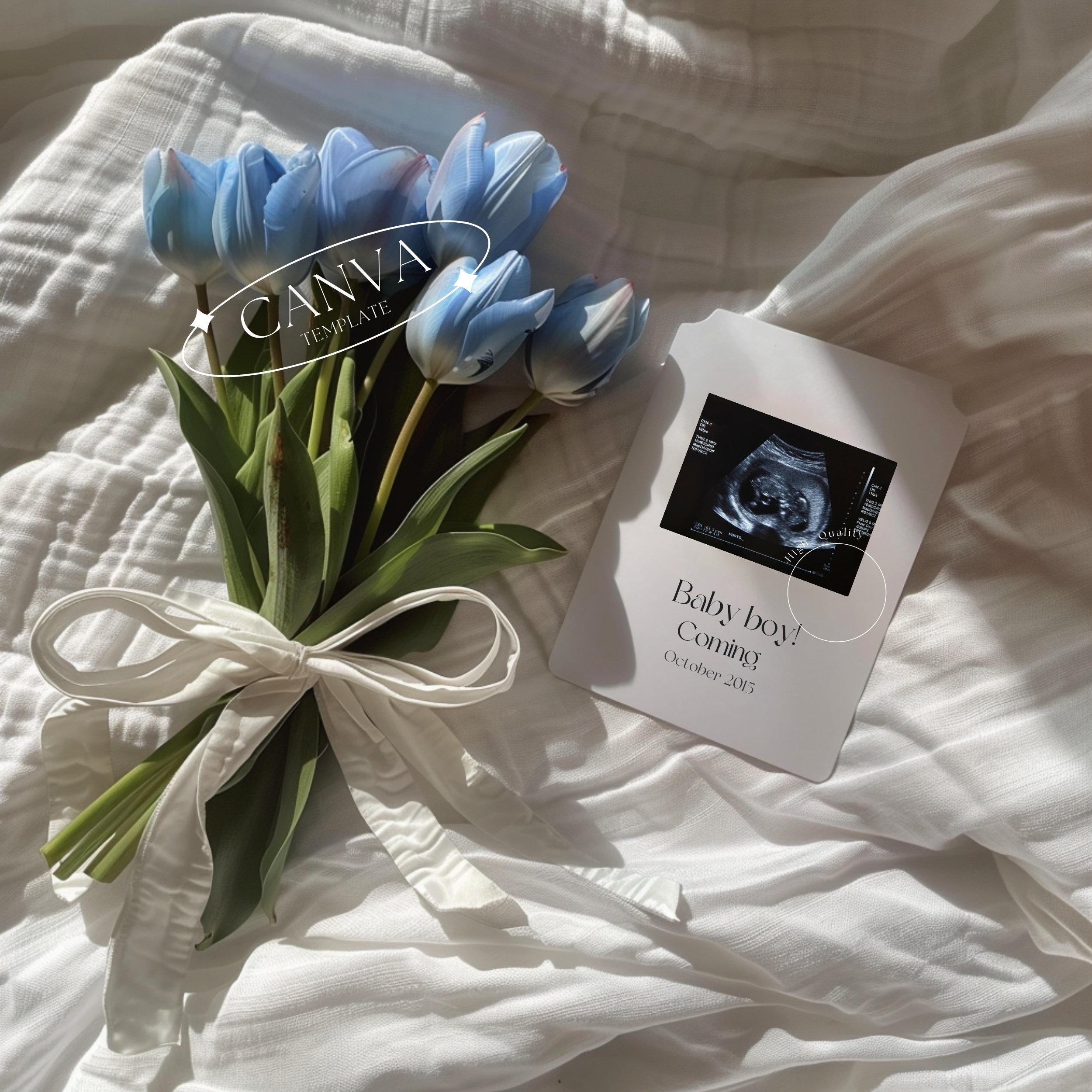 Blue Floral Pregnancy Announcement Digital, Modern Baby Boy Instant Social Media Reveal Canva Editable Template, Simple Baby Reveal Template