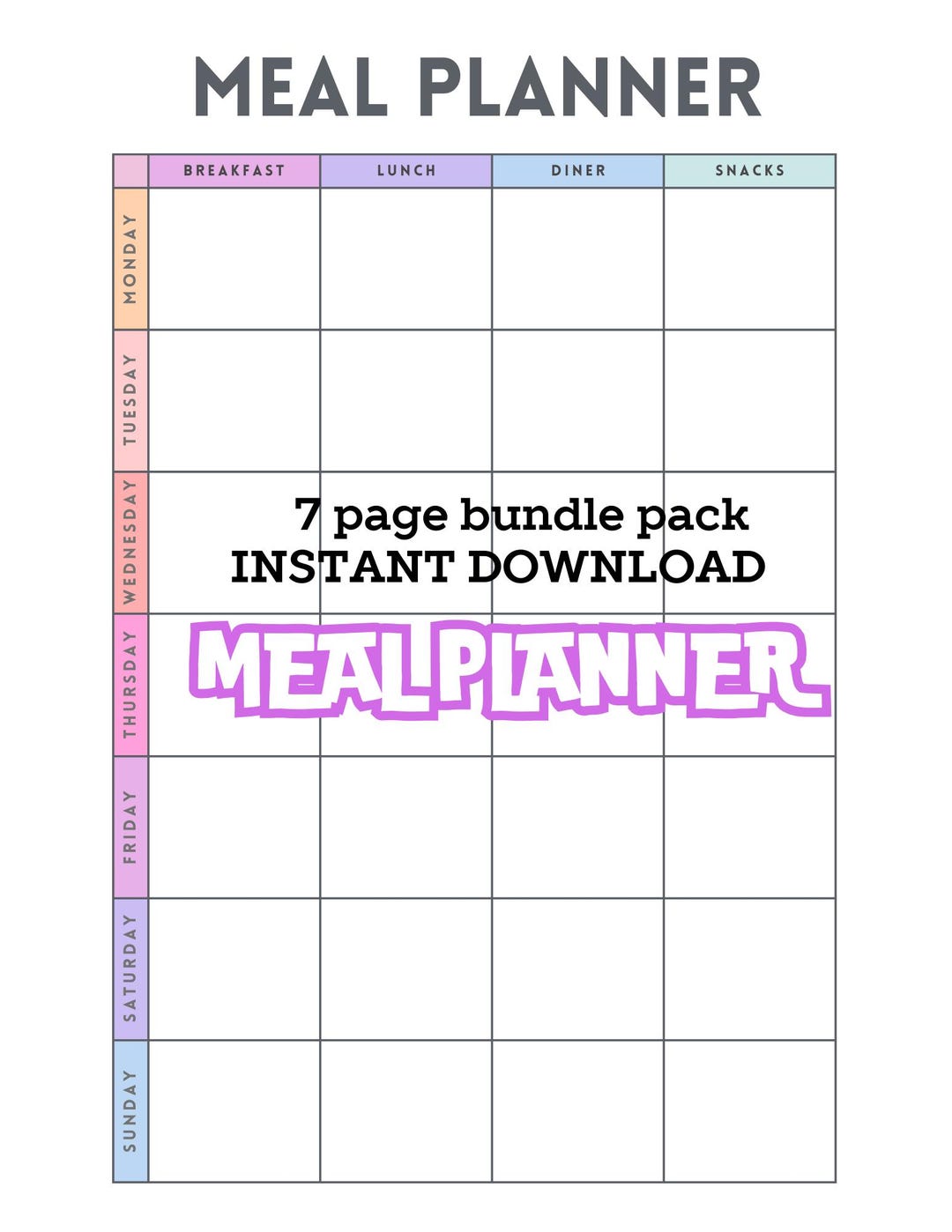 Weekly Meal Planner With Grocery List Printable Template, 7 Day Menu ...