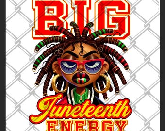 May include: A digital illustration featuring a Black woman with brown dreadlocks, red sunglasses, and gold hoop earrings. The image includes the text "BIG" in red and "Juneteenth ENERGY" in yellow, set against a chain-link fence background.