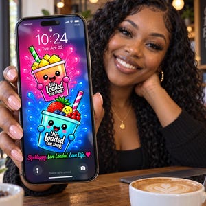 Puede incluir: Un teléfono inteligente que muestra un fondo de pantalla digital vibrante con dos tazas de dibujos animados con caras, una naranja y una azul, etiquetadas como The Loaded Tea Shop. La pantalla incluye el texto Sip Happy. Live Loaded. Love Life.