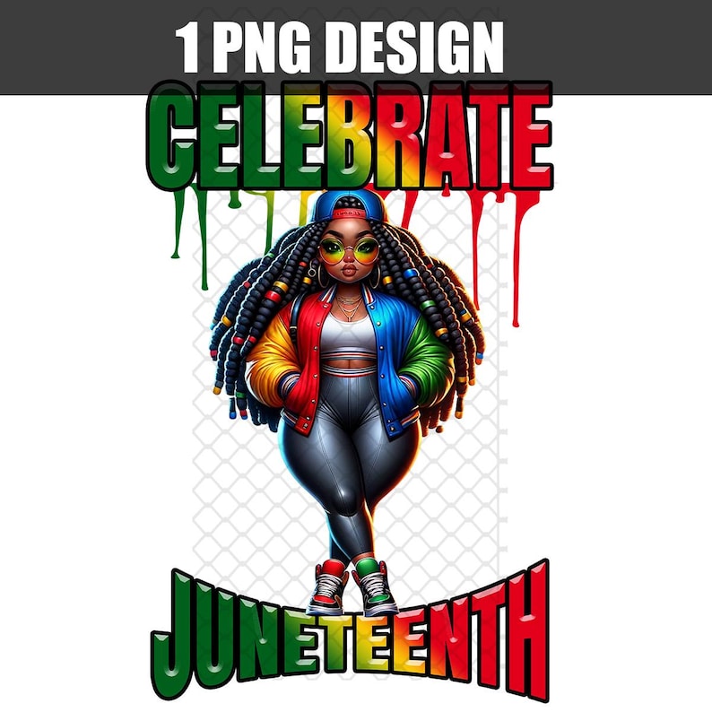 Może przedstawiać: Cyfrowa ilustracja czarnej kobiety z długimi dredami, kt&oacute;ra nosi kolorową kurtkę i okulary przeciwsłoneczne. Tekst "Celebrate Juneteenth" jest napisany w tęczy pod kobietą.
