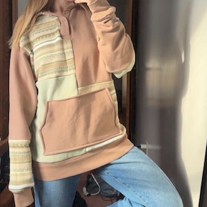 One of a Kind Reworked Sweater Crewneck Sweatshirt | Upcycled Patchwork Pullover, Sustainable Handmade Clothing - Cozy Neutral Pullover