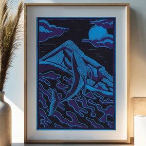 Linocut Whale and Mount Fuji, Handmade marine art, Celestial illustration A4, Seaside wall decor, Unique animal print - authentic home decor