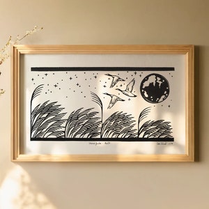 Linograbado Hanafuda Agosto Arte mural japonés Impresión artesanal Impresión vintage Decoración tradicional japonesa hecha a mano