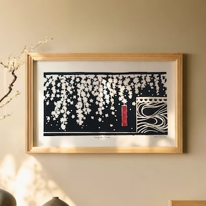 Linocut Hanafuda March arte de parede japonesa impressão artesanal impressão vintage decoração tradicional japonesa feita à mão