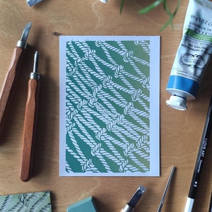 Cuerdas y nudos, linograbado - Arte mural gráfico azul/verde - Impresión shibari hecha a mano, tamaño A6