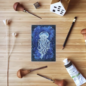 Cosmic Jellyfish Linocut, Ethereal Seascape Illustration, Hand Painted and Printed, Poetic and Unique Wall Decoration - seaside art print