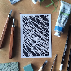 Cordes et noeuds - Impression de Linogravure marine et shibari - fait main - carte postale - wall art print