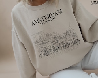 Amsterdam Sweatshirt, Amsterdam travel gift, Minimalist design Amsterdam crewneck, cute Amsterdam T-shirt.