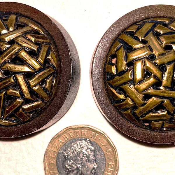 Vintage Round Buttons, set of two, brass-effect pierced metal inset on faux wood base, with a metal loop shank