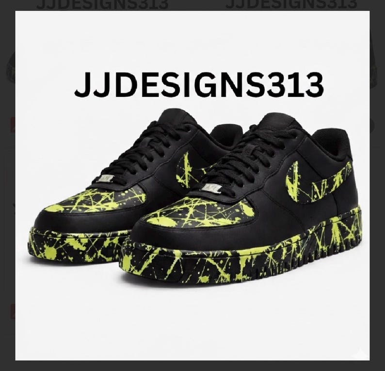 May include: Black sneakers with neon yellow paint splatter design. The shoes have black laces, a black Nike swoosh, and the text "JJDESIGNS313" at the top. The soles and toe area are covered in the neon yellow splatter.