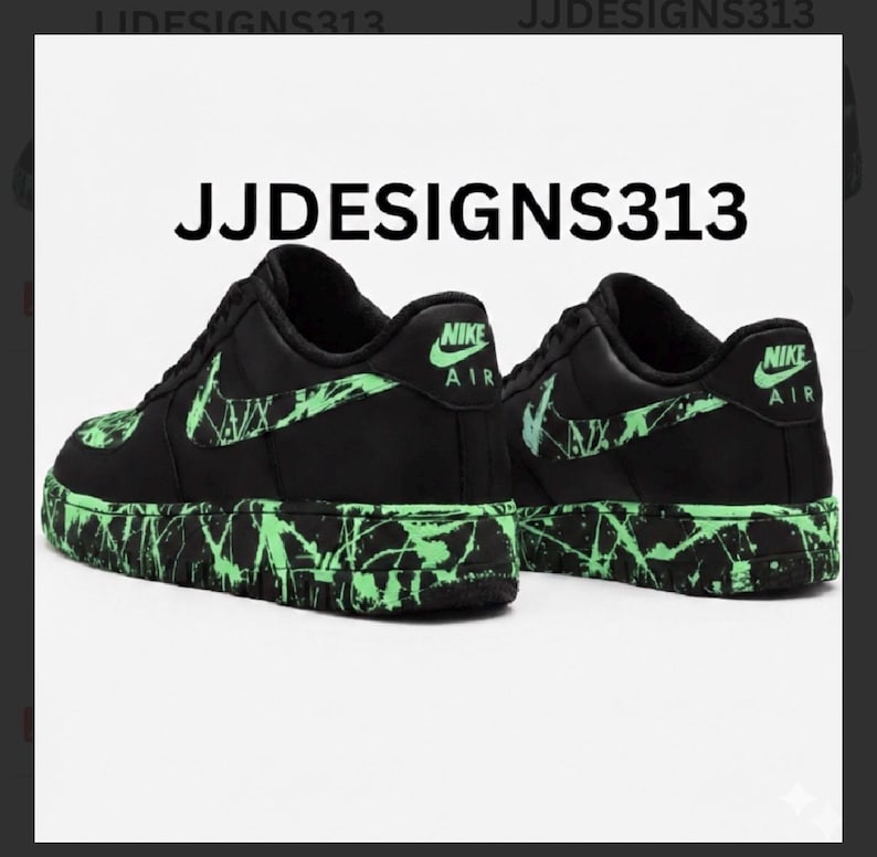 May include: Pair of black Nike Air Force 1 sneakers with neon green accents. The Nike swoosh and heel logo are in neon green. The soles and side panels feature a splatter design in neon green. The text "JJDESIGNS313" is at the top.