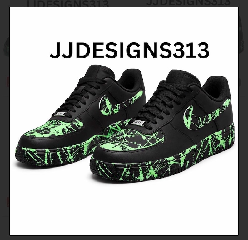 May include: Pair of black sneakers with neon green splatter paint design. The Nike swoosh and sole feature the same neon green accents. The text "JJDESIGNS313" is displayed above the shoes.