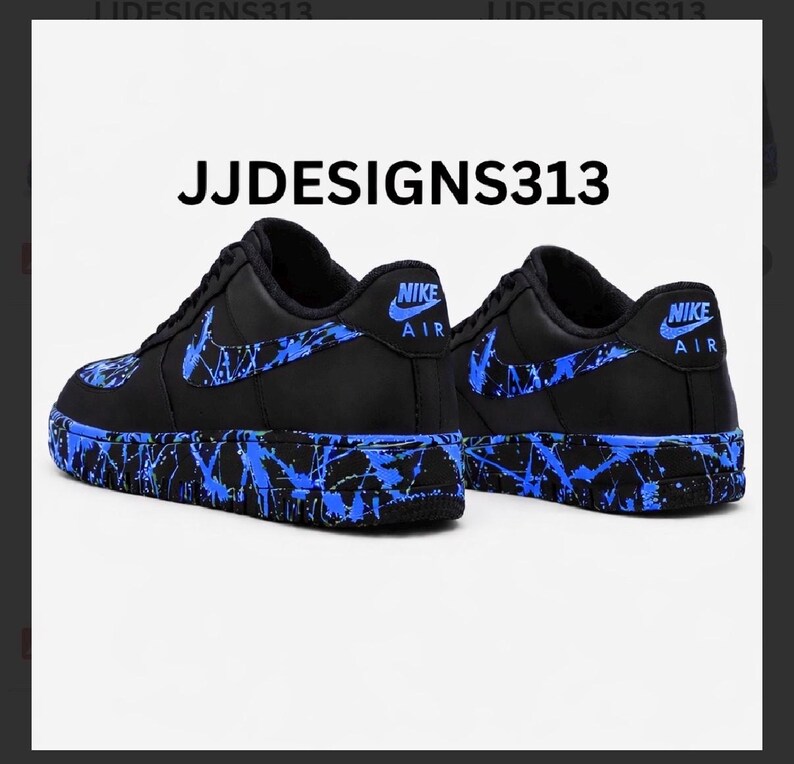 May include: Pair of black Nike Air Force 1 sneakers with blue splatter paint design on the soles, swoosh, and heel. The text "JJDESIGNS313" is above the shoes.