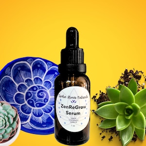 May include: A brown glass bottle of ZenReGrow Serum with a dropper, a blue and white decorative bowl, and a green succulent plant on a yellow background. The serum bottle has a white label with the text "ZenReGrow Serum".