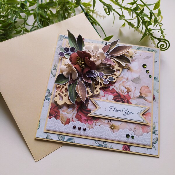 I love you card. A gift for you. A card with a dedication. Paper gift. Floral card.