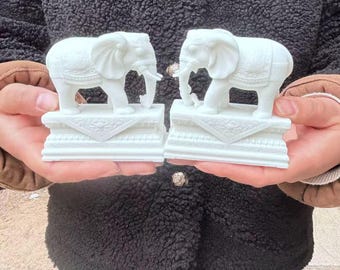 White Marble Elephant Pair Feng Shui Stone Figurines for Home Office
