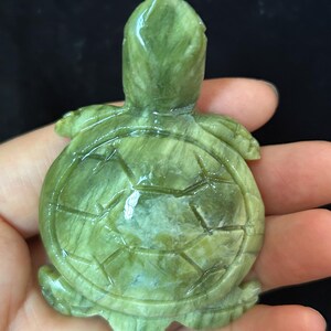 May include: A carved green stone turtle figurine. The turtle has a detailed shell pattern and is held in a hand. The figurine is a light green color and has a smooth, polished finish. The turtle's head and flippers are also visible.