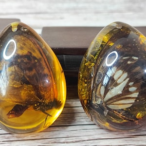 Puede incluir: Dos colgantes de ámbar en forma de lágrima, cada uno con una mariposa en su interior. El ámbar tiene un tono amarillo dorado, con las alas de las mariposas visibles. Se muestran sobre un fondo de madera.