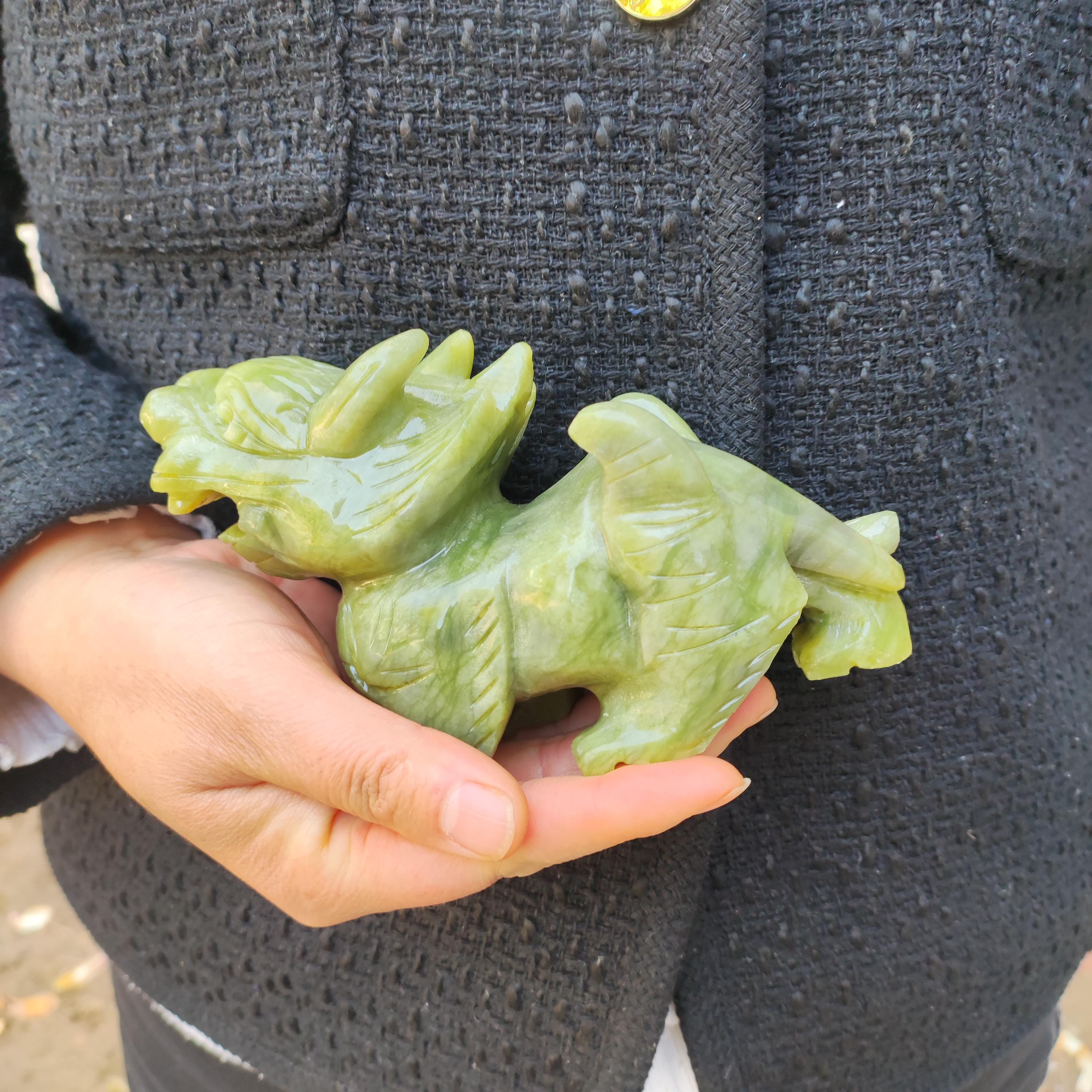 ペア天然翡翠風水 Pi Xiu/Pi Yao 像 富と幸運の置物、コレクション用