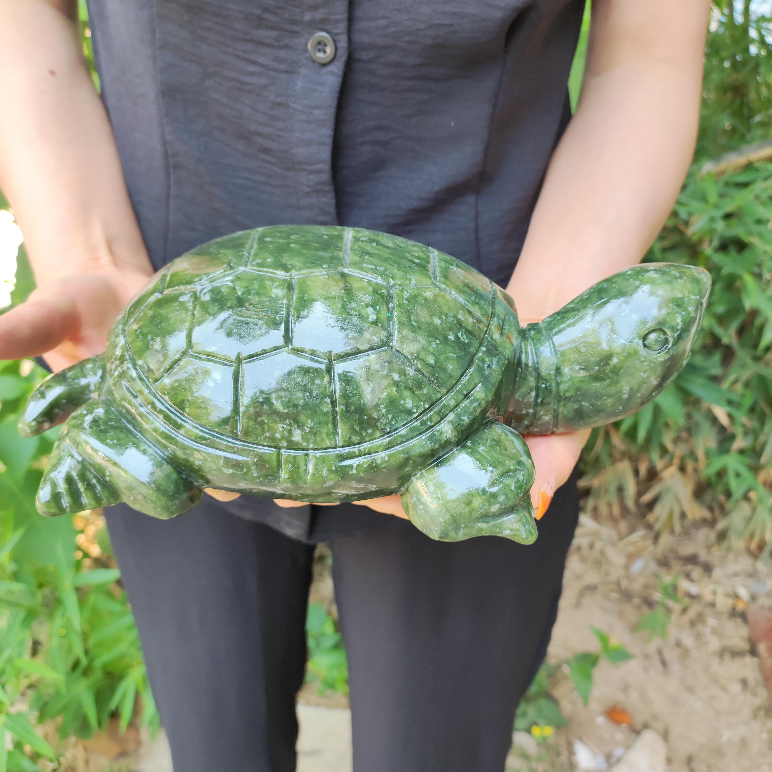 Huge Genuine Nephrite Green Jade Turtle Figurine, Crystal Shelled