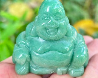 Mini Statue Bouddha Rieur Aventurine Verte - Figurine Feng Shui Pierre Naturelle - Porte-Bonheur Richesse