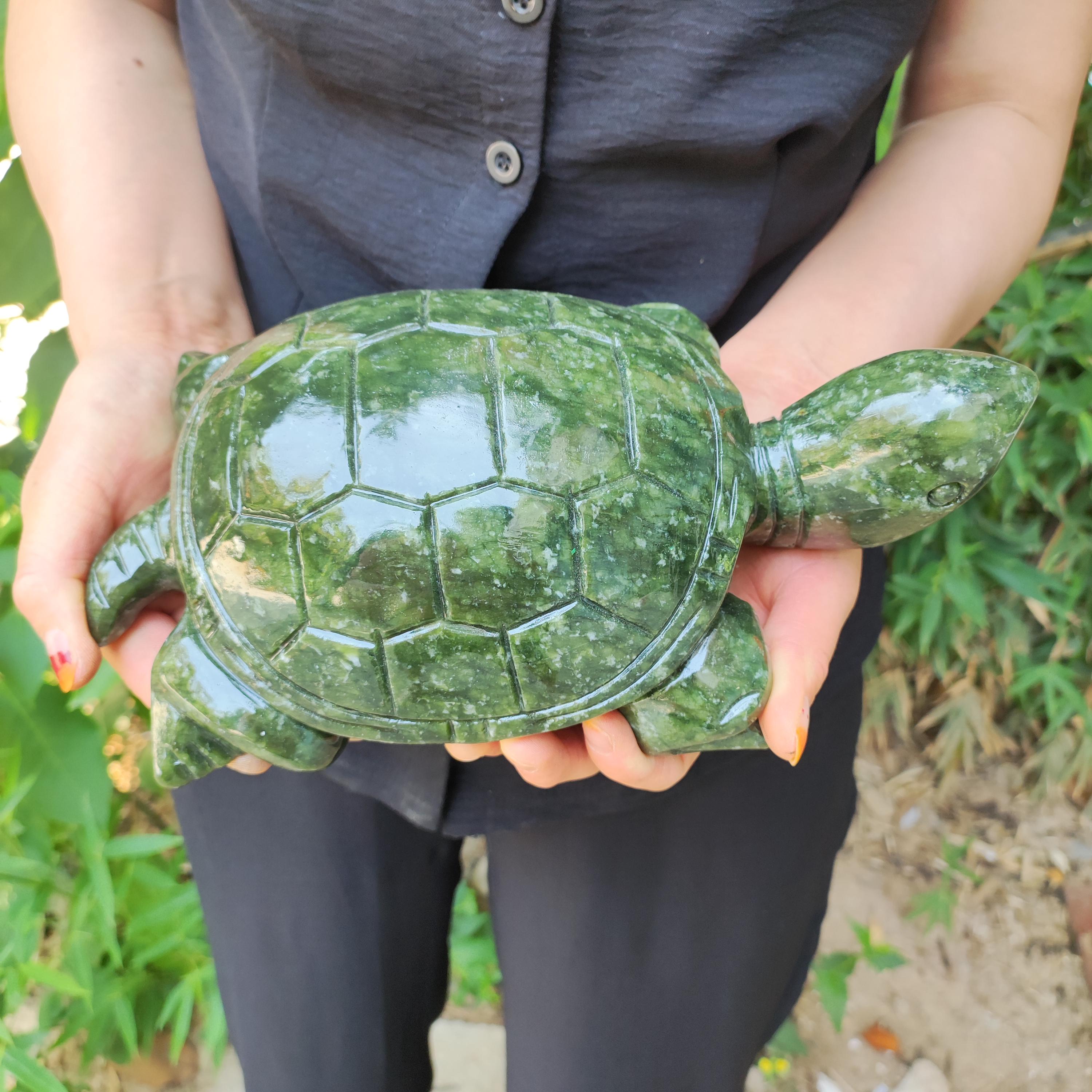 Huge Genuine Nephrite Green Jade Turtle Figurine, Crystal Shelled