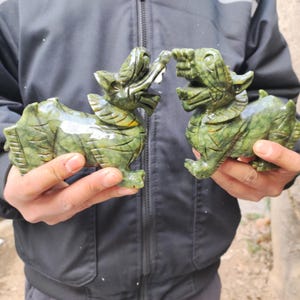 Pair Natural Jade Feng Shui Pi Xiu/Pi Yao statue for Wealth Good Luck Figurine, Collectible Qilin qi lin, Stone brave troops  Beast Wealth 8