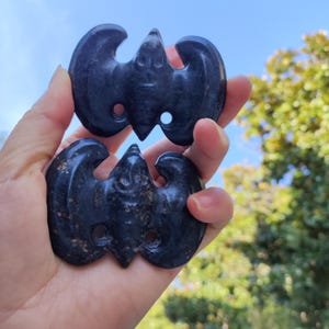 May include: Two dark gray bat-shaped pendants with rounded wings and small circular holes. The pendants are held in a hand against a backdrop of a blue sky and green foliage. The pendants have a smooth, polished surface.