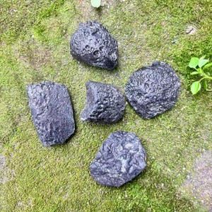 Può includere: Cinque rocce scure e strutturate di forma irregolare sono disposte su muschio verde. Le rocce variano in dimensioni e hanno una superficie ruvida e irregolare, suggerendo un'origine naturale. La composizione è terrosa e organica.