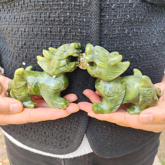 ペア天然翡翠風水 Pi Xiu/Pi Yao 像 富と幸運の置物、コレクション用