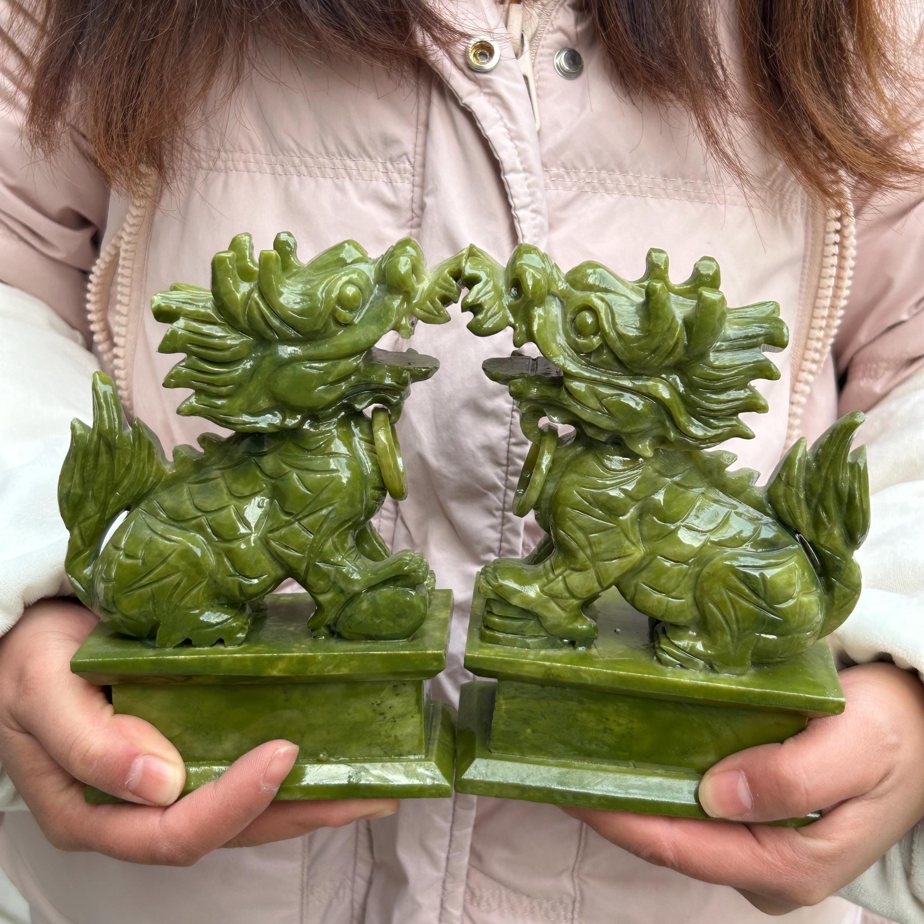 Natural Jade Qilin Figurines Male Female Pair Natural Feng Shui