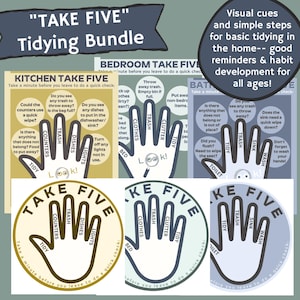 May include: "Take Five" tidying bundle with visual cues for home organization. Includes checklists for kitchen, bedroom, and bathroom, with prompts like "Tidy," "Trash," and "Dishes." Promotes habit development for all ages.