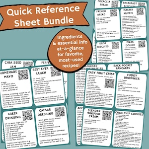May include: A colourful printable quick reference sheet bundle for baking and cooking. The sheet includes recipes for chia seed jam, homemade mayo, best ever ranch, Greek dressing, Caesar dressing, focaccia bread, French bread, drop biscuits, master muffin, pizza dough, Saturday morning waffles, easy fruit crisp, back pocket pancakes, fudgy brownies, and choc chip cookies.