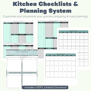May include: A digital kitchen planning system featuring printed checklists and meal planners. The pages include a Refrigerator Checklist, Freezer Checklist, Pantry Checklist, Monthly Meal Plan, Weekly Meal Plan, and Our Family's Master Meal Ideas.