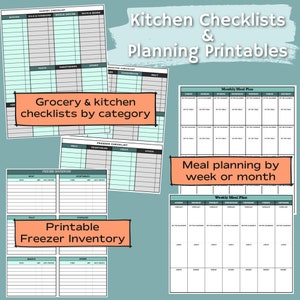 Könnte beinhalten: Druckbare Küchen-Checklisten und Meal-Planning-Vorlagen. Die Checklisten sind nach Kategorien geordnet, wie z. B. Speisekammer, Kühlschrank und Gefrierschrank. Die Meal-Planning-Vorlagen umfassen einen monatlichen Meal-Plan und einen wöchentlichen Meal-Plan.
