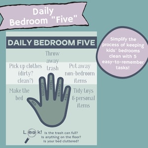 May include: A teal infographic titled "Daily Bedroom Five" with a hand graphic illustrating five tasks: pick up clothes, throw away trash, put away items, tidy toys, and make the bed. Text encourages simplifying kids' bedroom cleaning.