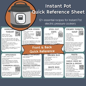 Può includere: Un foglio di riferimento rapido Instant Pot con oltre 12 ricette per pentole a pressione elettriche. Il foglio include ricette per yogurt fatto in casa, brodo di pollo, avena tagliata, zuppa cremosa di pomodoro, salsa di mele, patate al forno, purè di patate, riso integrale, riso bianco, pasta e orzo all'aglio con pancetta e verdure.