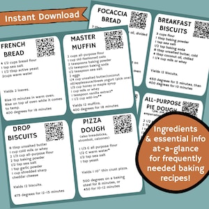 May include: Printable recipe cards for baking, featuring recipes for French bread, muffins, and pizza dough. Each card includes ingredients, instructions, and QR codes. The cards are labelled "Instant Download". Measurements are in cups and tablespoons.