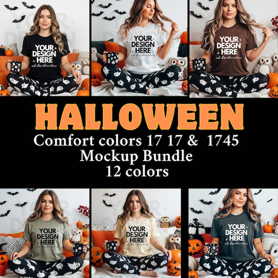 Comfort Colors C1717 & 1745 Tshirt Halloween Mockup Bundle-Trendy Spooky Halloween Mock- 1717 T-Shirt Folded Mock-up Bundle | Real Photo