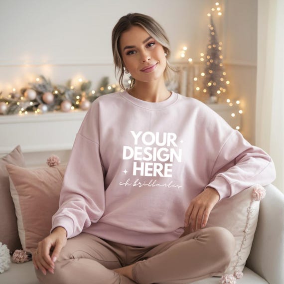 Gildan 18000 Light Pink Sweatshirt Mockup-Cozy Trendy Christmas Morning Aesthetic Sweater- G180 Pink Crewneck Mock-up -Gildan 18000
