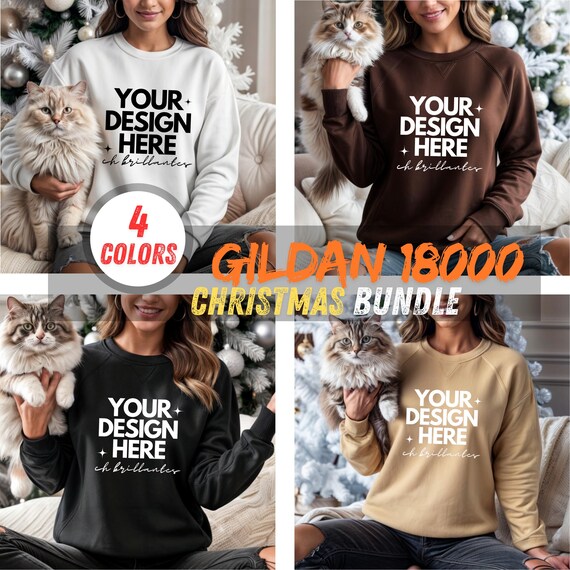 Christmas Mockup Bundle  Gildan 18000 Sweatshirt- 4 Colors with Cat & White Christmas Tree | Perfect for Holiday Designs- Womens Sweatshirt