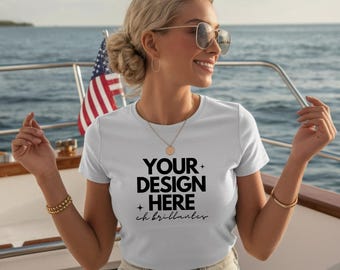 Bella Canvas 6400 Mockup /Chinoiserie T Shirt/Female Model White T Shirt Mockup-Summer Beach Mock Up/Sea Shore/ Gildan White T-Shirt Mock